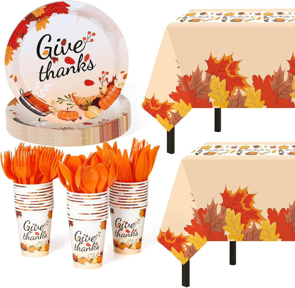 Childom 152Pcs Give Thanks Themed Party Set,Thanksgiving Decoration Dinnerware Sets,Thanksgiving Party Supplies,Maple Leaf Tablecloths Plates Cups,Disposable Tableware for Fall Dinner Picnic Supplies