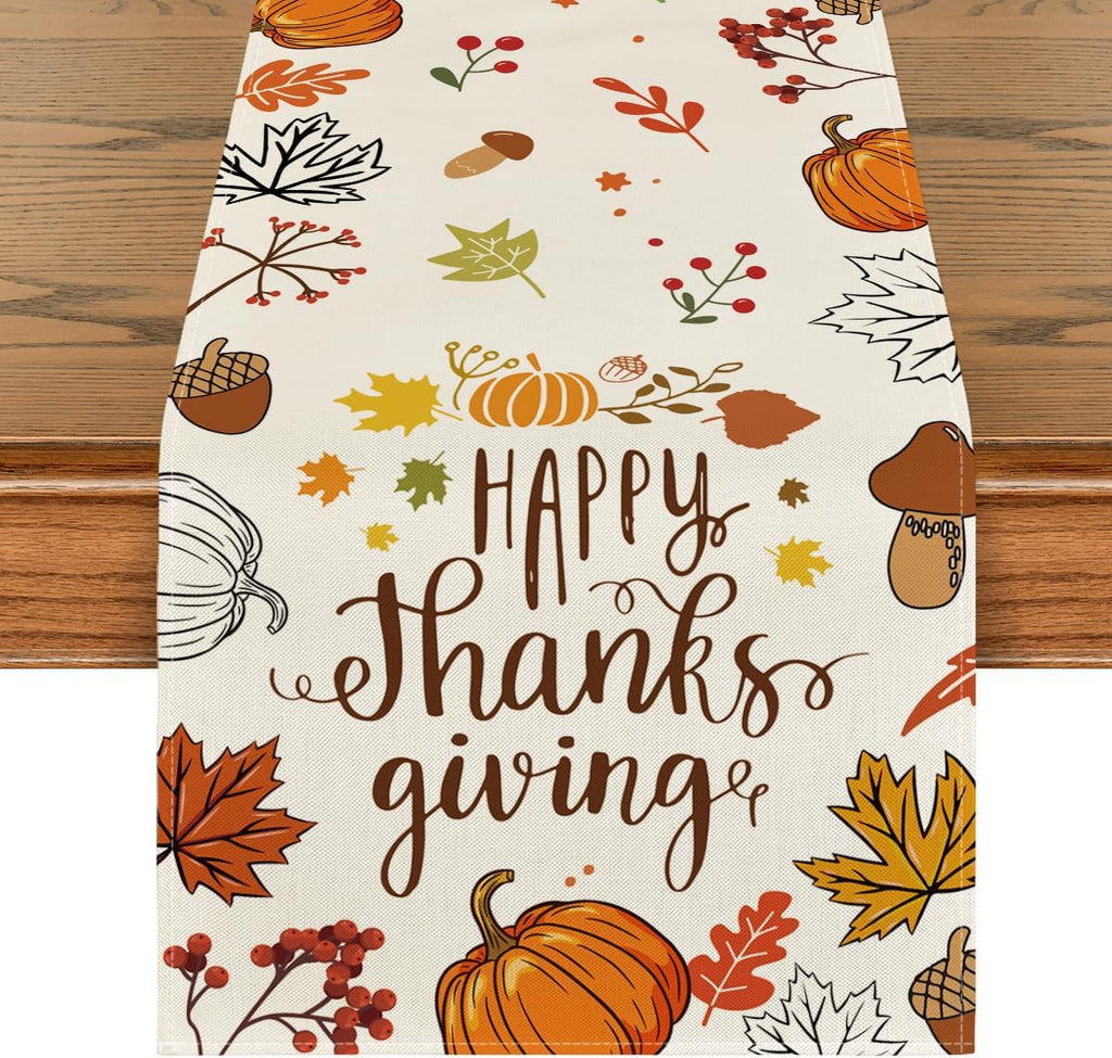 Artoid Mode Happy Thanks Giving Pumpkin Maple Leaves Thanksgiving Table Runner, Autumn Fall Kitchen Dining Table Decoration for Home Party Decor 13x72 Inch