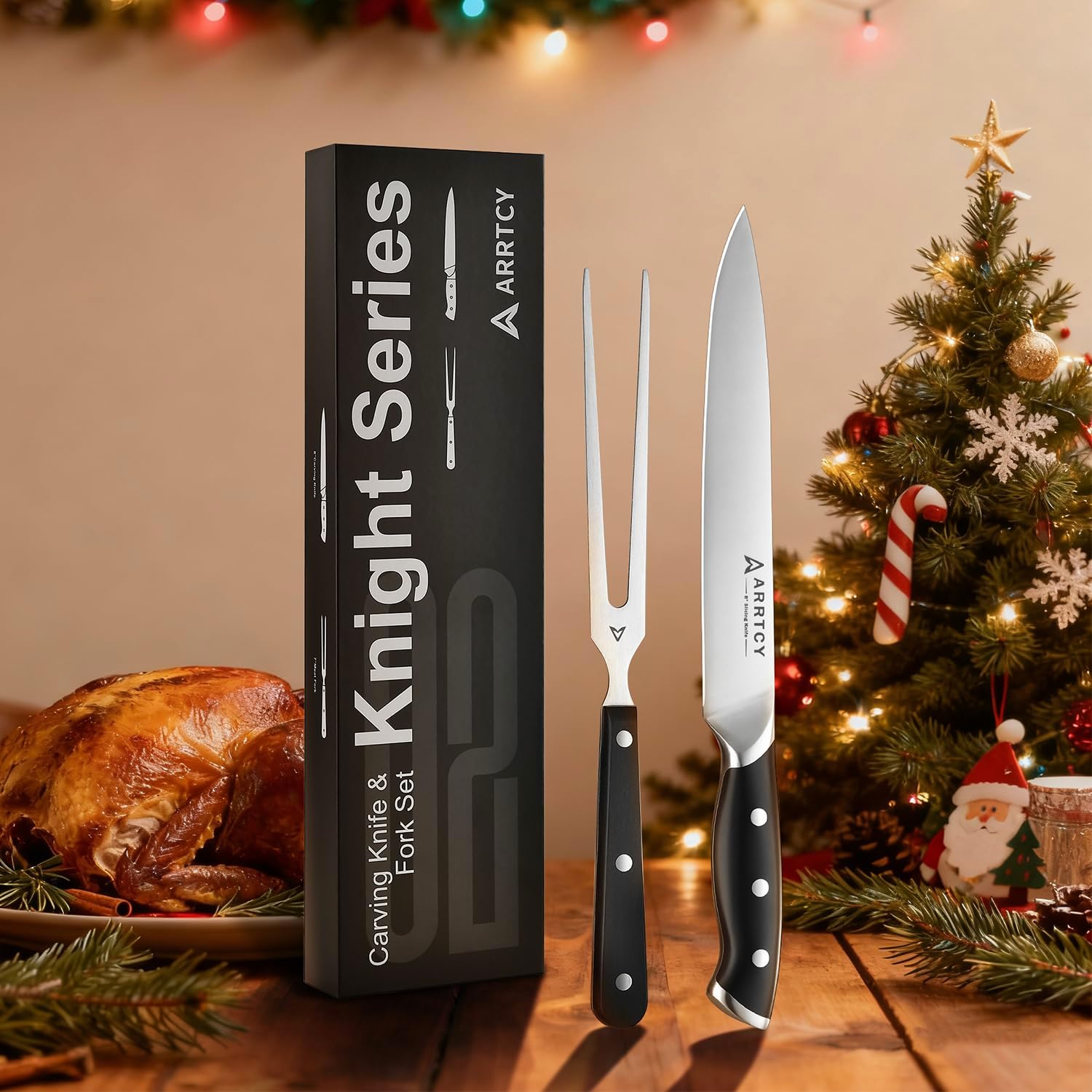 Carving Knife Set - Arrtcy 2 PCS Carving Knife and Fork for Turkey, BBQ - Razor Sharp German Stainless Steel Carving Set with Ergonomic Handle - Full Tang For Meat, Brisket