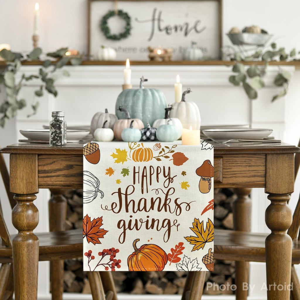 Artoid Mode Happy Thanks Giving Pumpkin Maple Leaves Thanksgiving Table Runner, Autumn Fall Kitchen Dining Table Decoration for Home Party Decor 13x72 Inch