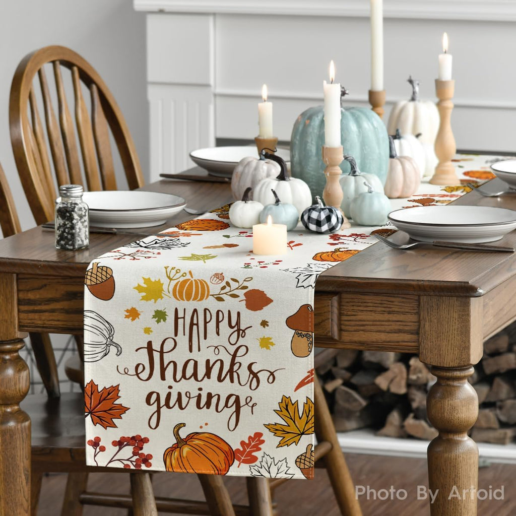 Artoid Mode Happy Thanks Giving Pumpkin Maple Leaves Thanksgiving Table Runner, Autumn Fall Kitchen Dining Table Decoration for Home Party Decor 13x72 Inch