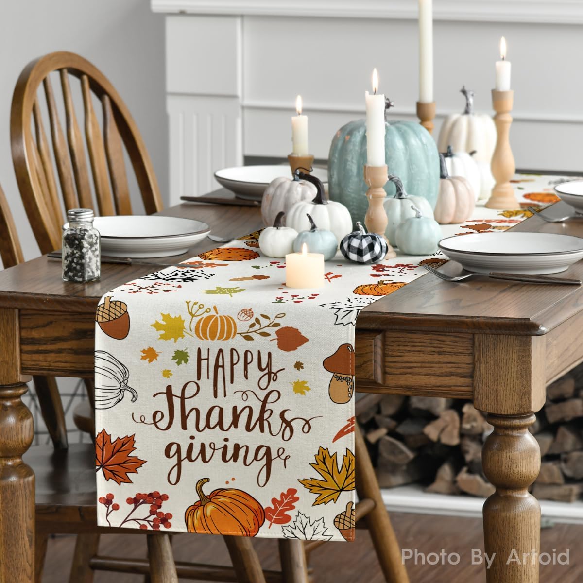 Artoid Mode Happy Thanks Giving Pumpkin Maple Leaves Thanksgiving Table Runner, Autumn Fall Kitchen Dining Table Decoration for Home Party Decor 13x72 Inch