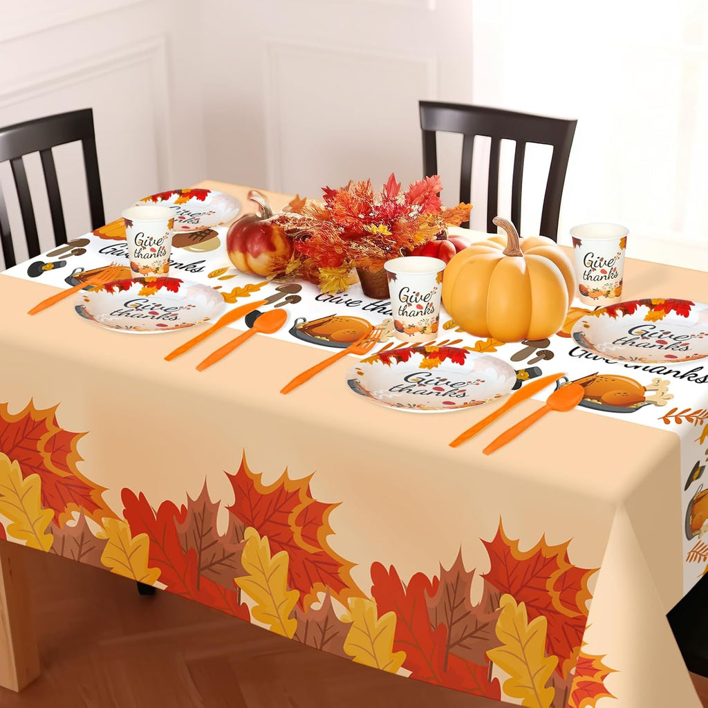 Childom 152Pcs Give Thanks Themed Party Set,Thanksgiving Decoration Dinnerware Sets,Thanksgiving Party Supplies,Maple Leaf Tablecloths Plates Cups,Disposable Tableware for Fall Dinner Picnic Supplies