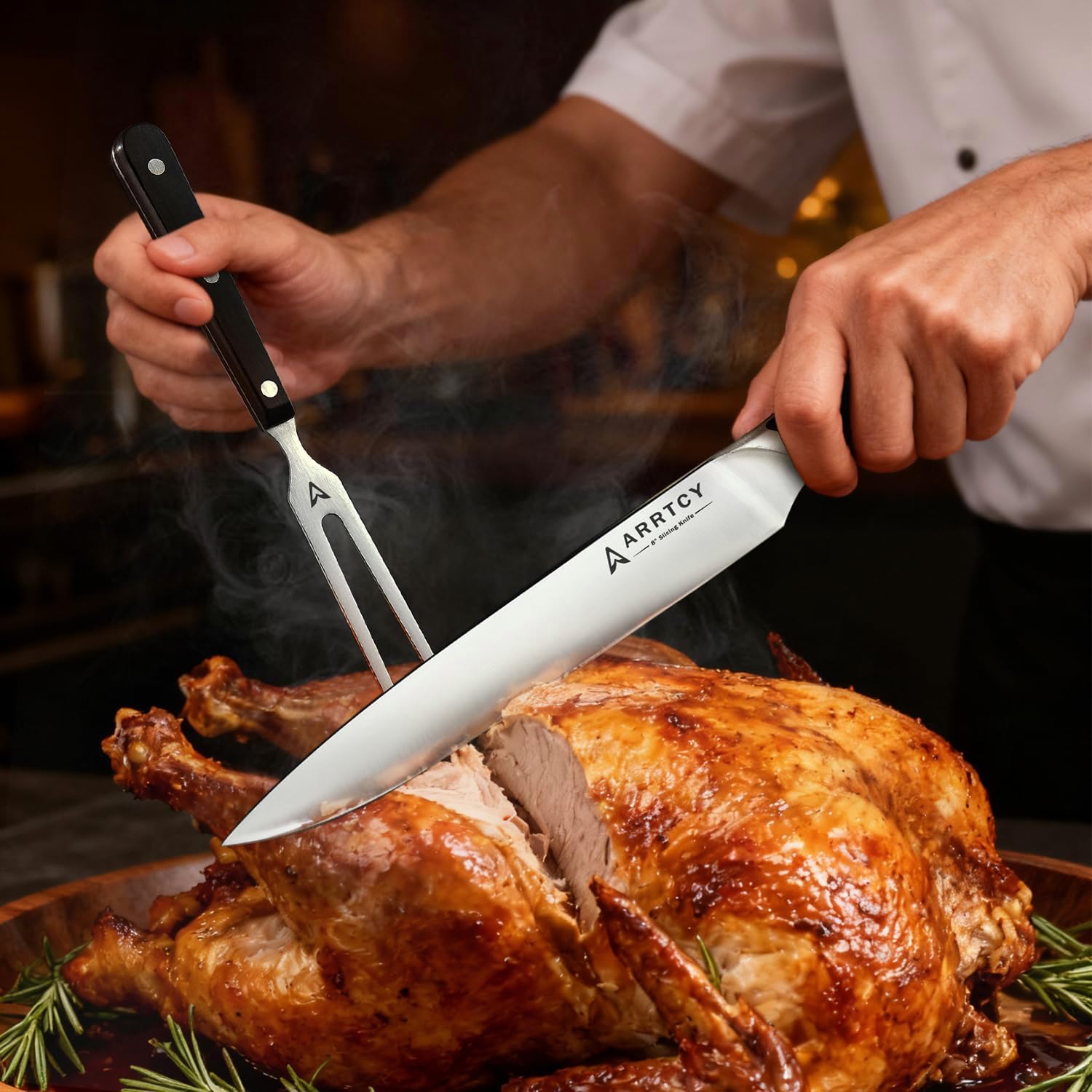 Carving Knife Set - Arrtcy 2 PCS Carving Knife and Fork for Turkey, BBQ - Razor Sharp German Stainless Steel Carving Set with Ergonomic Handle - Full Tang For Meat, Brisket