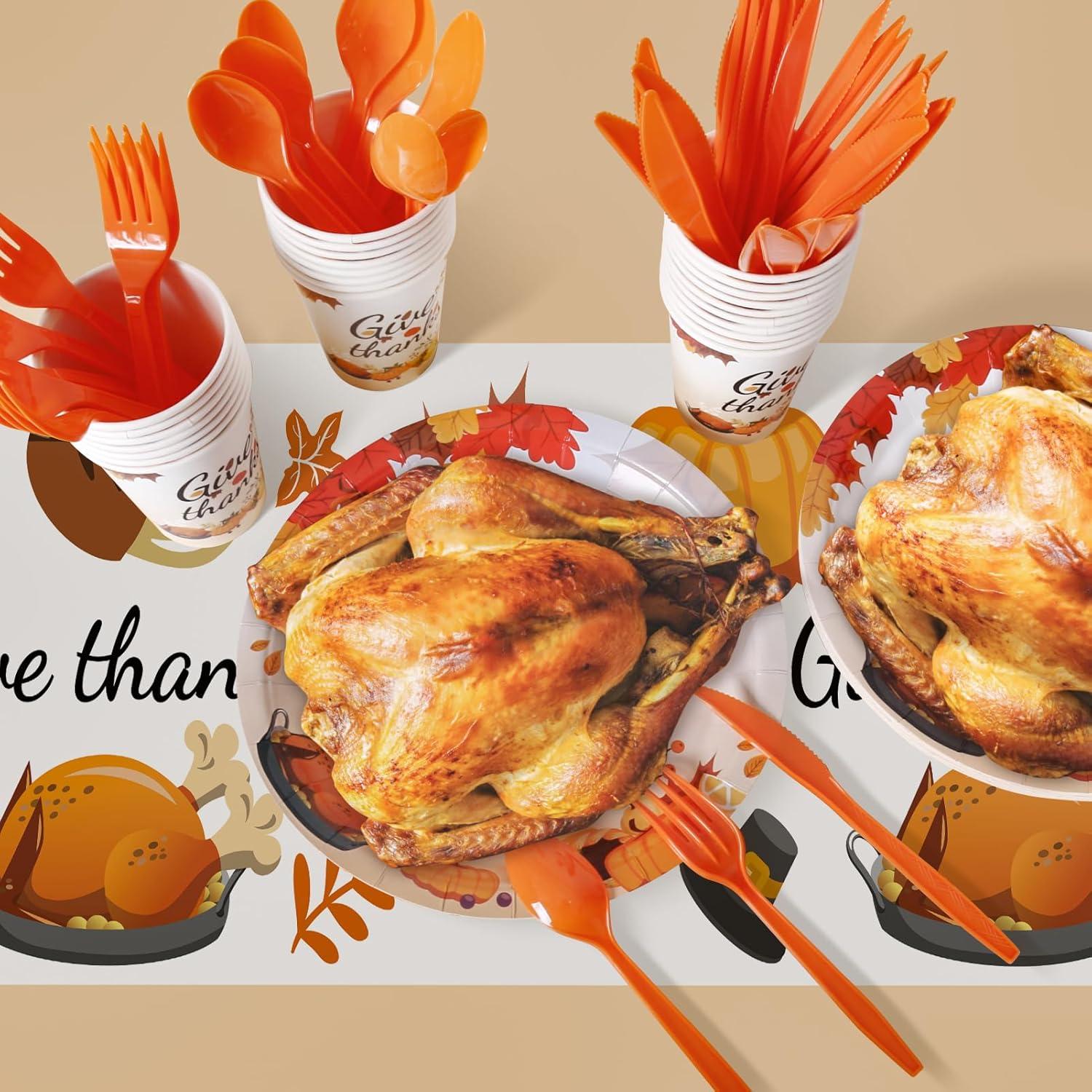 Childom 152Pcs Give Thanks Themed Party Set,Thanksgiving Decoration Dinnerware Sets,Thanksgiving Party Supplies,Maple Leaf Tablecloths Plates Cups,Disposable Tableware for Fall Dinner Picnic Supplies