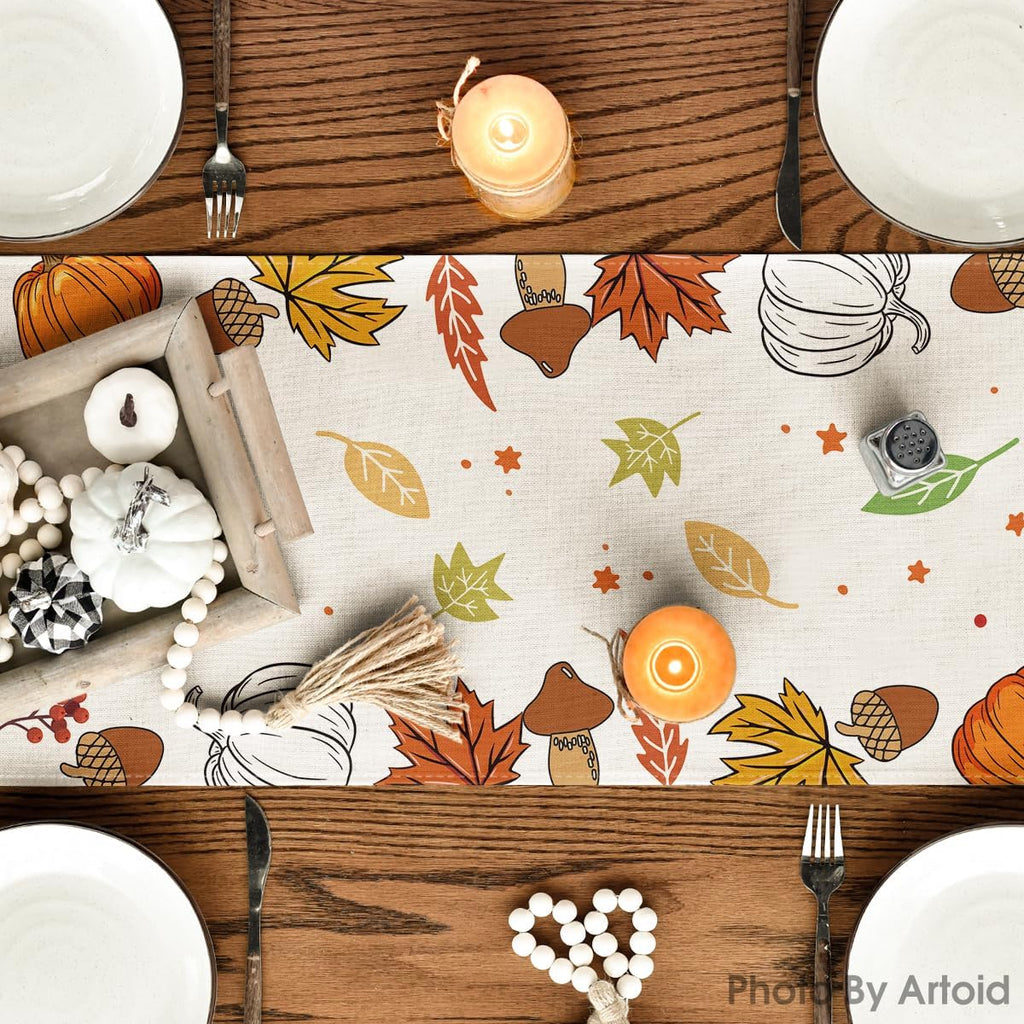 Artoid Mode Happy Thanks Giving Pumpkin Maple Leaves Thanksgiving Table Runner, Autumn Fall Kitchen Dining Table Decoration for Home Party Decor 13x72 Inch