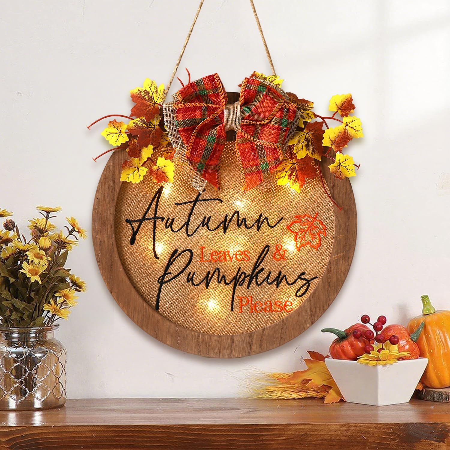 HOMCDALY Fall Wreaths for Front Door, Thanksgiving Welcome Sign for Front Door, Fall Decorations for Home, Farmhouse Welcome Thanksgiving Wooden Door Hanger, Autumn Pumpkin Fall Door Sign