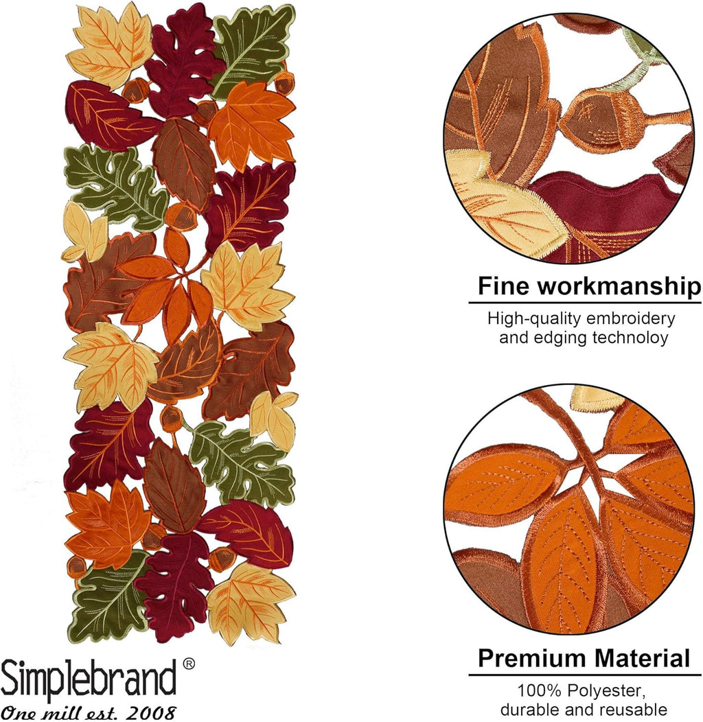 Simplebrand Harvest Fall Table Runner 36 Inches Long for Thanksgiving, Cutwork with Applique Embroidered Maple Leaves Dresser Scarf Table Topper for Home Dinner Holiday Festival Decorations, 13" x 36"