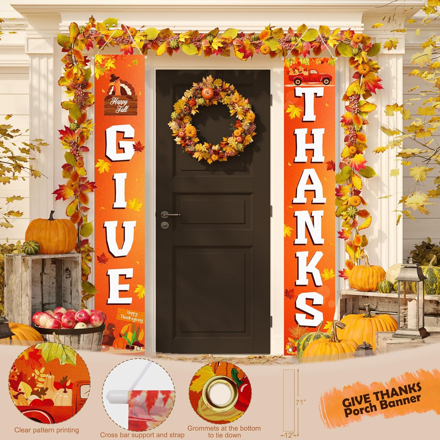 Thanksgiving Party Decorations Supplies, Thanksgiving Banner Backdrop Hanging Swirls for Autumn Holiday, Turkey Autumn Hanging Decoration, GIVE THANKS Hanging Banner Porch Sign, Maple Leaf Balloons