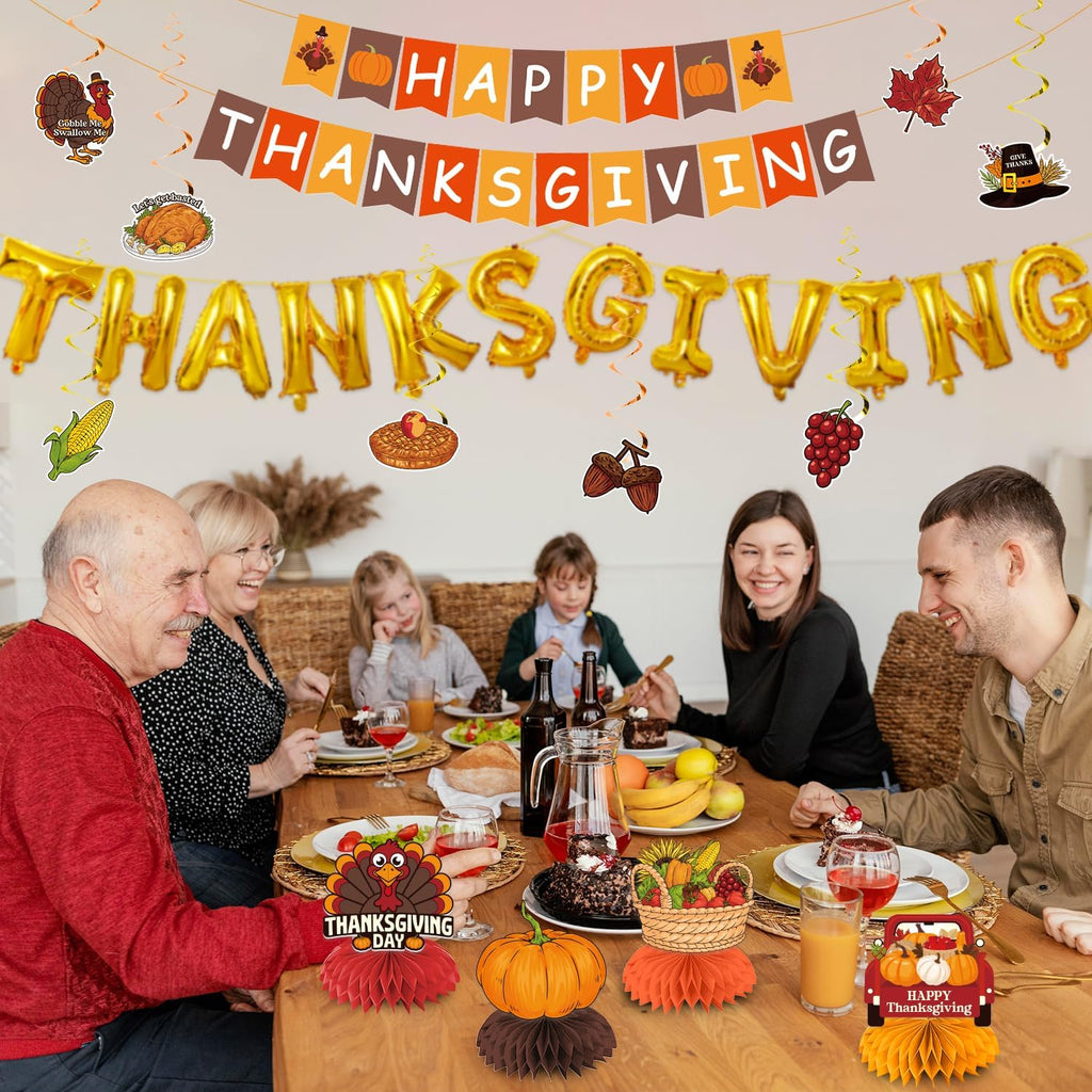 Thanksgiving Decorations, Thanksgiving Decorations Indoor Include NO-DIY Happy Thanks Giving Banner Hanging Swirls Centerpieces Balloons for Home Office Classroom School Party Decor