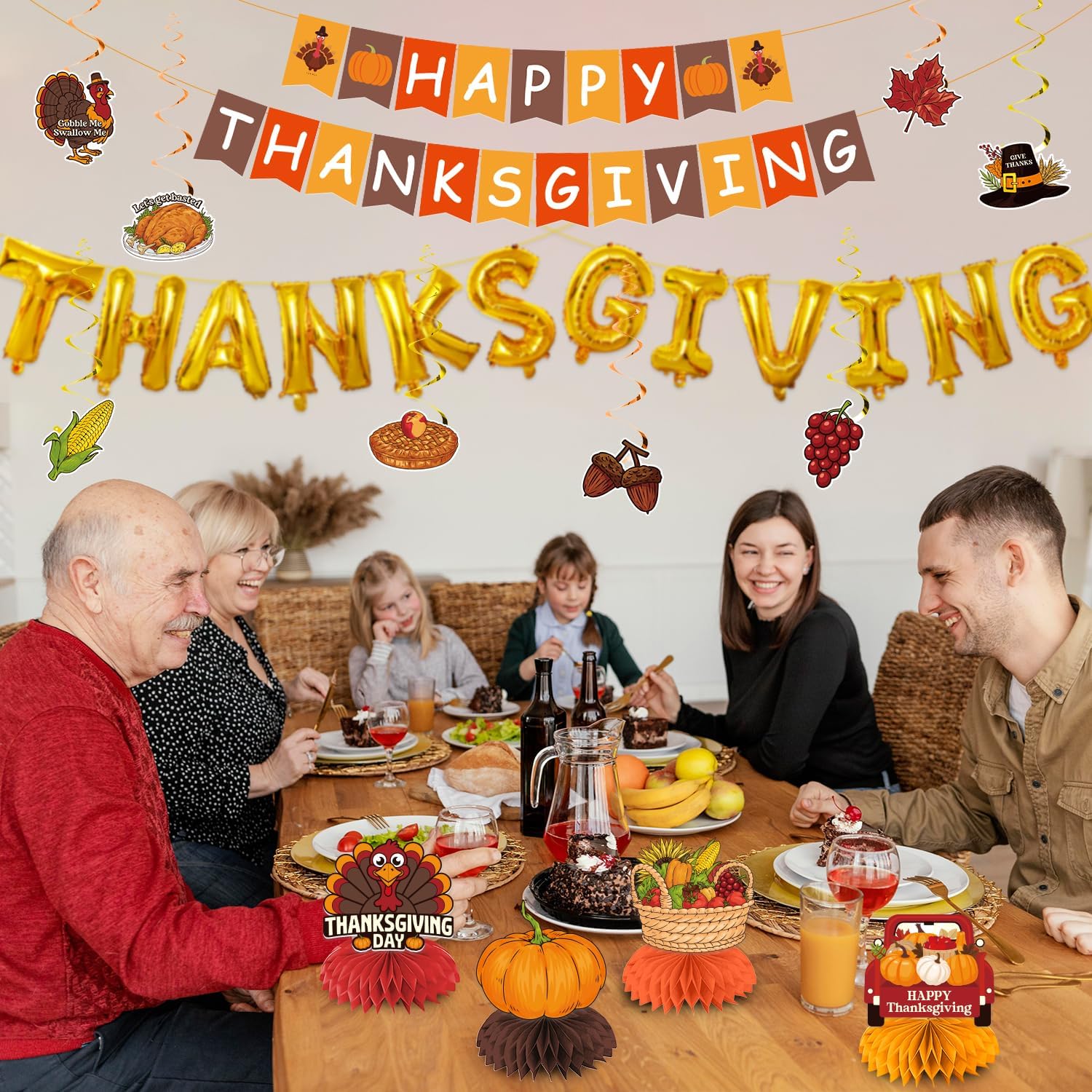 Thanksgiving Decorations, Thanksgiving Decorations Indoor Include NO-DIY Happy Thanks Giving Banner Hanging Swirls Centerpieces Balloons for Home Office Classroom School Party Decor