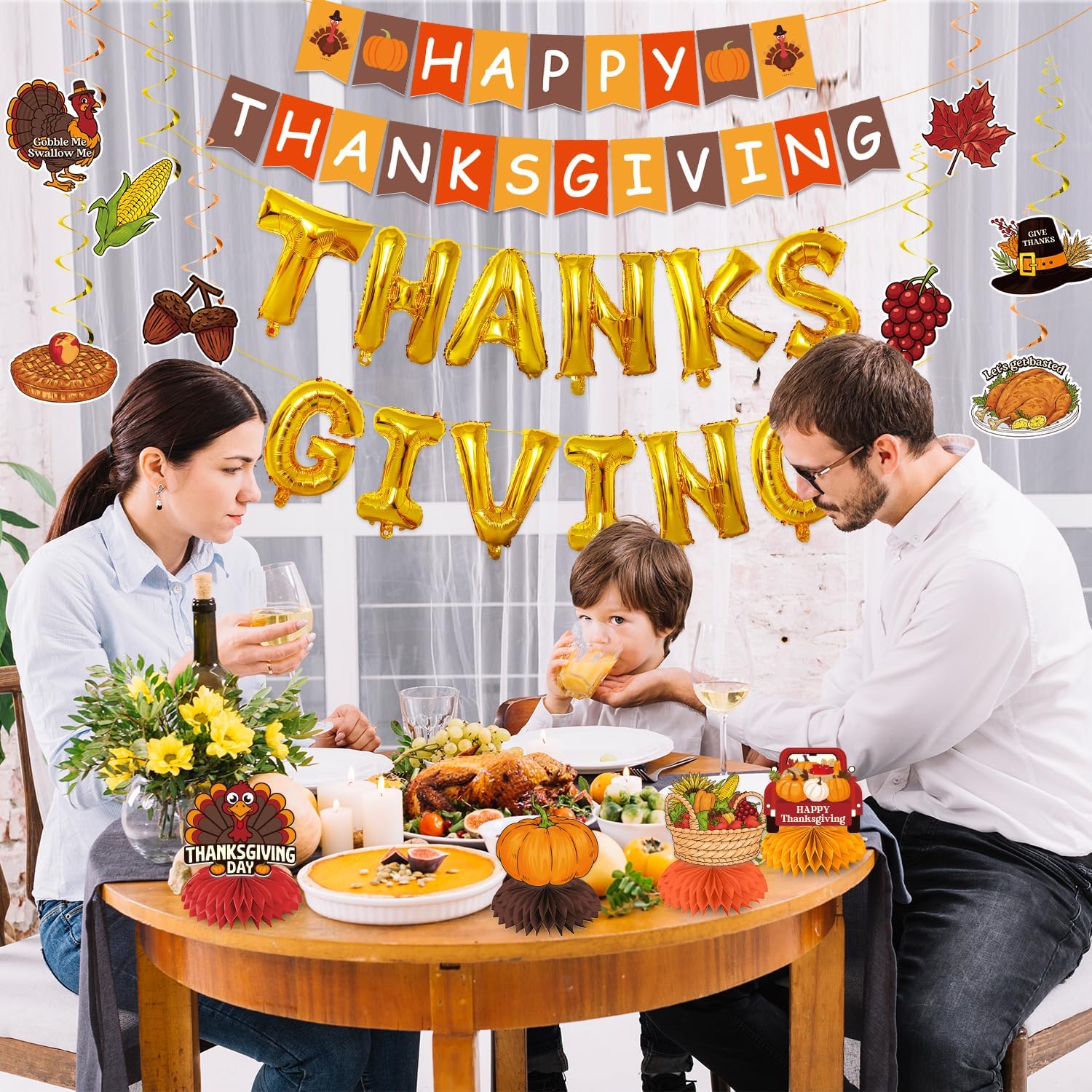 Thanksgiving Decorations, Thanksgiving Decorations Indoor Include NO-DIY Happy Thanks Giving Banner Hanging Swirls Centerpieces Balloons for Home Office Classroom School Party Decor