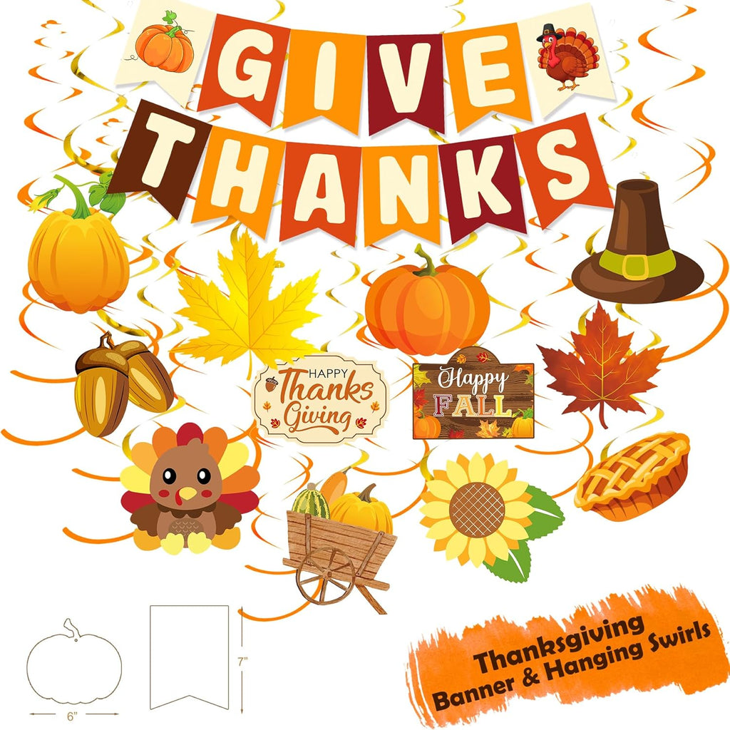Thanksgiving Party Decorations Supplies, Thanksgiving Banner Backdrop Hanging Swirls for Autumn Holiday, Turkey Autumn Hanging Decoration, GIVE THANKS Hanging Banner Porch Sign, Maple Leaf Balloons