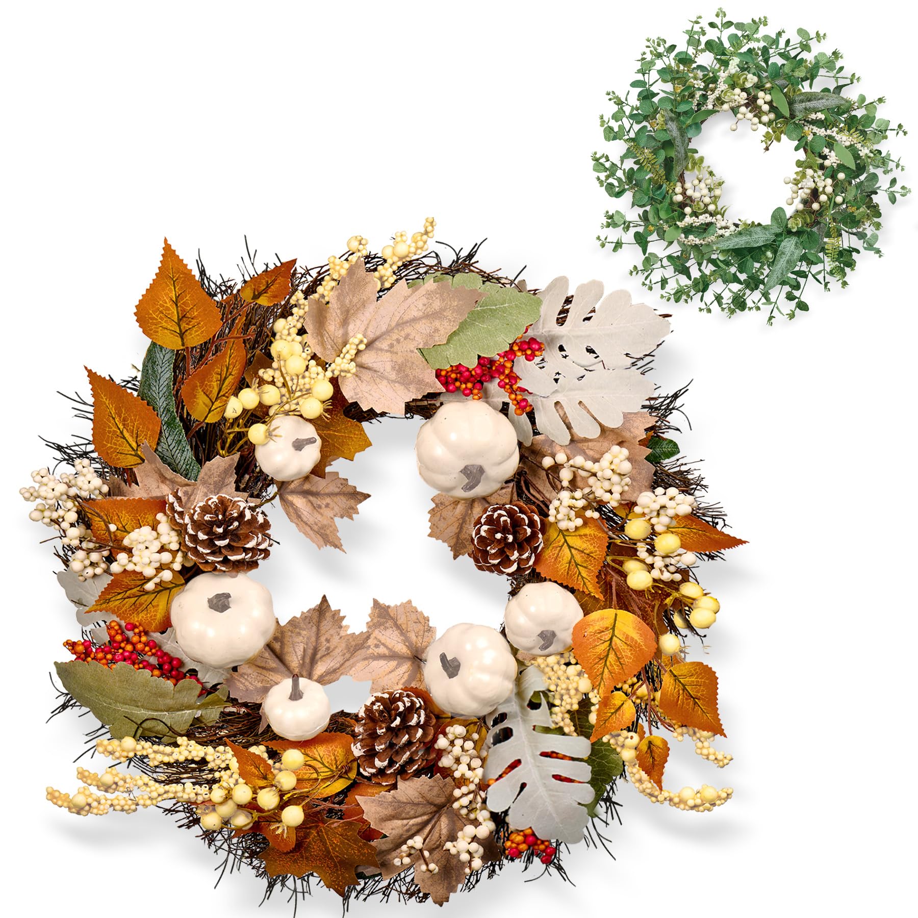 20 Inch Thanksgiving Fall Wreath for Front Door with Light Porch Window Autumn Wreaths with Pumpkin Berries All Season Indoor Outdoor Window Decor for Harvest Holiday Celebrations