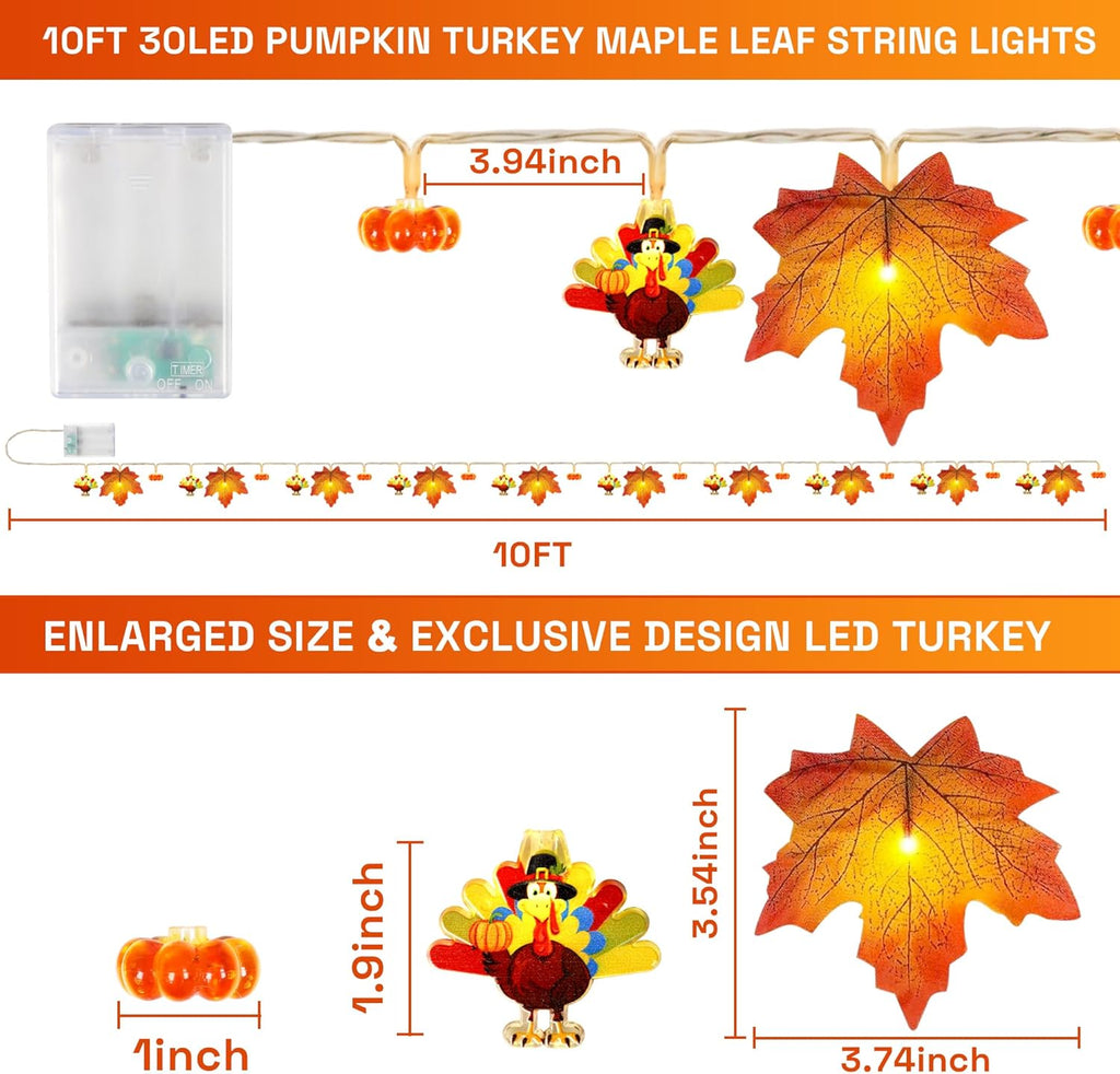 Mosoan [Timer] Fall Thanksgiving Turkey Lights Decorations, 10FT 30LED Large Turkey Pumpkin Maple Leaf String Lights, Battery Operated Fall Lights Decor Thanksgiving Decorations Indoor Home Party