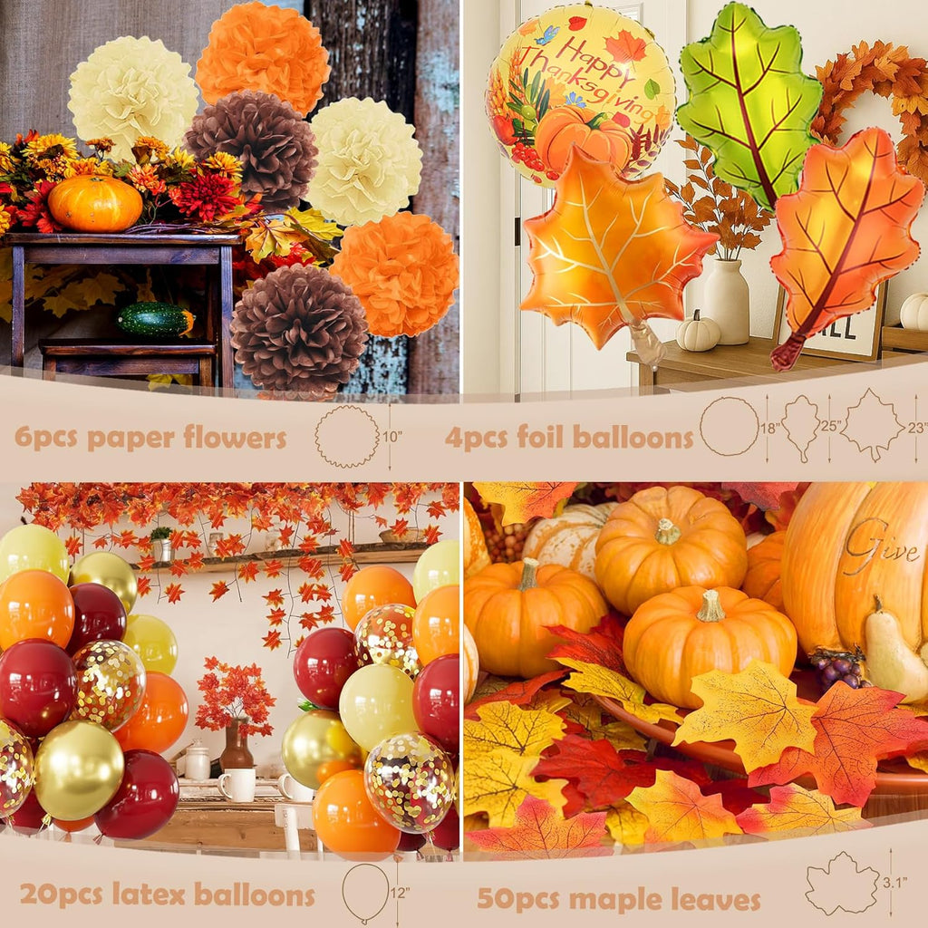 Thanksgiving Party Decorations Supplies, Thanksgiving Banner Backdrop Hanging Swirls for Autumn Holiday, Turkey Autumn Hanging Decoration, GIVE THANKS Hanging Banner Porch Sign, Maple Leaf Balloons