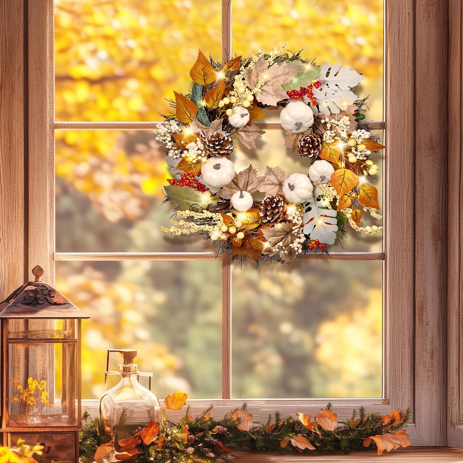 20 Inch Thanksgiving Fall Wreath for Front Door with Light Porch Window Autumn Wreaths with Pumpkin Berries All Season Indoor Outdoor Window Decor for Harvest Holiday Celebrations