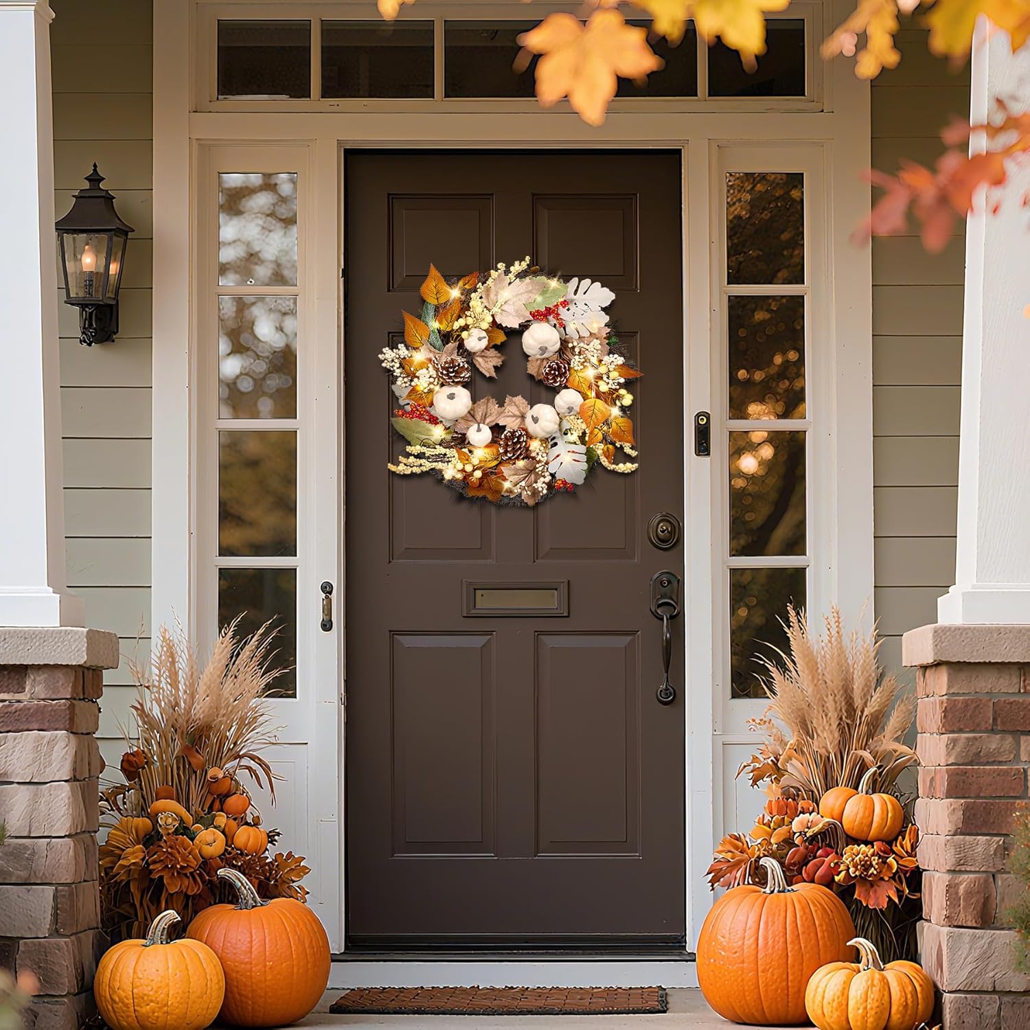 20 Inch Thanksgiving Fall Wreath for Front Door with Light Porch Window Autumn Wreaths with Pumpkin Berries All Season Indoor Outdoor Window Decor for Harvest Holiday Celebrations