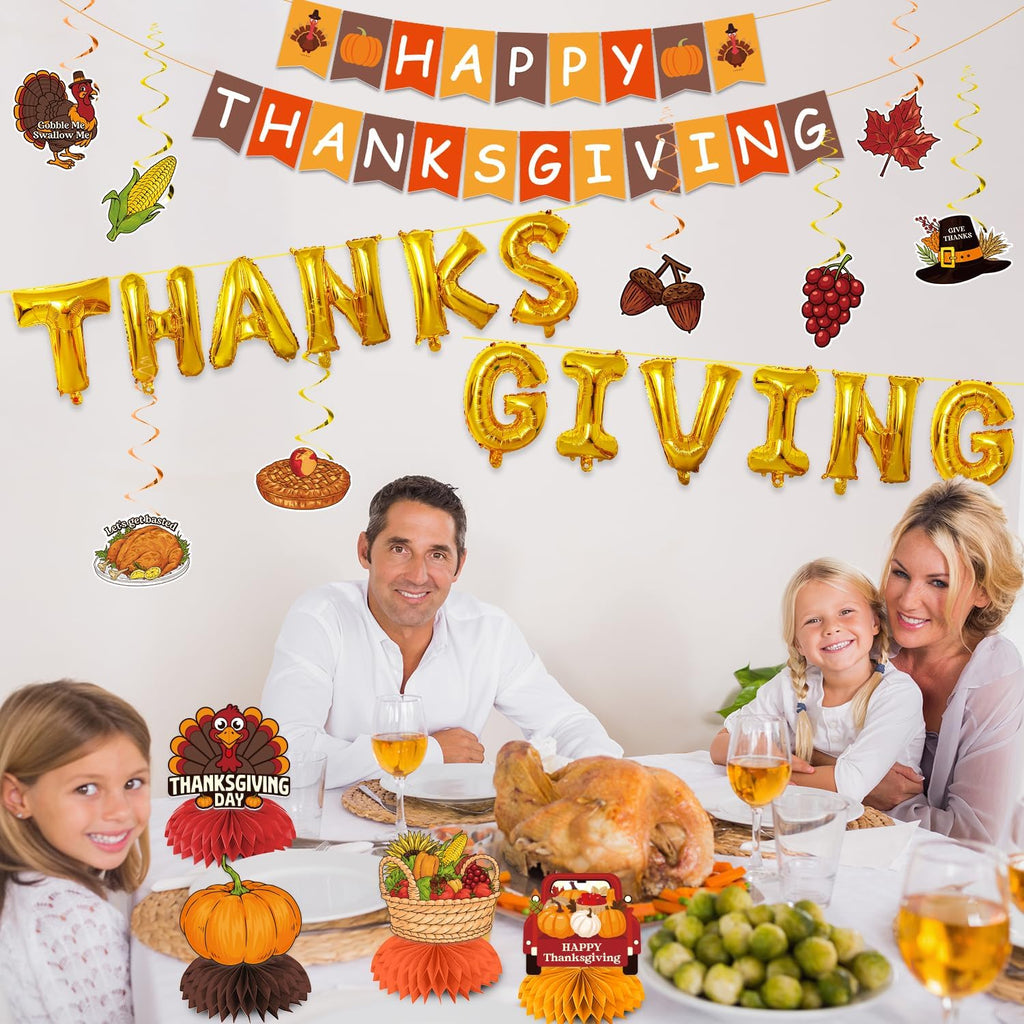 Thanksgiving Decorations, Thanksgiving Decorations Indoor Include NO-DIY Happy Thanks Giving Banner Hanging Swirls Centerpieces Balloons for Home Office Classroom School Party Decor