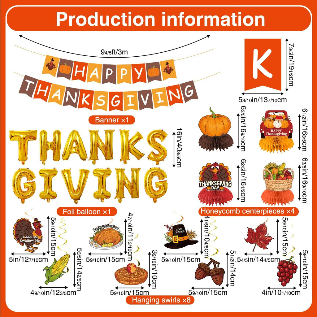 Thanksgiving Decorations, Thanksgiving Decorations Indoor Include NO-DIY Happy Thanks Giving Banner Hanging Swirls Centerpieces Balloons for Home Office Classroom School Party Decor