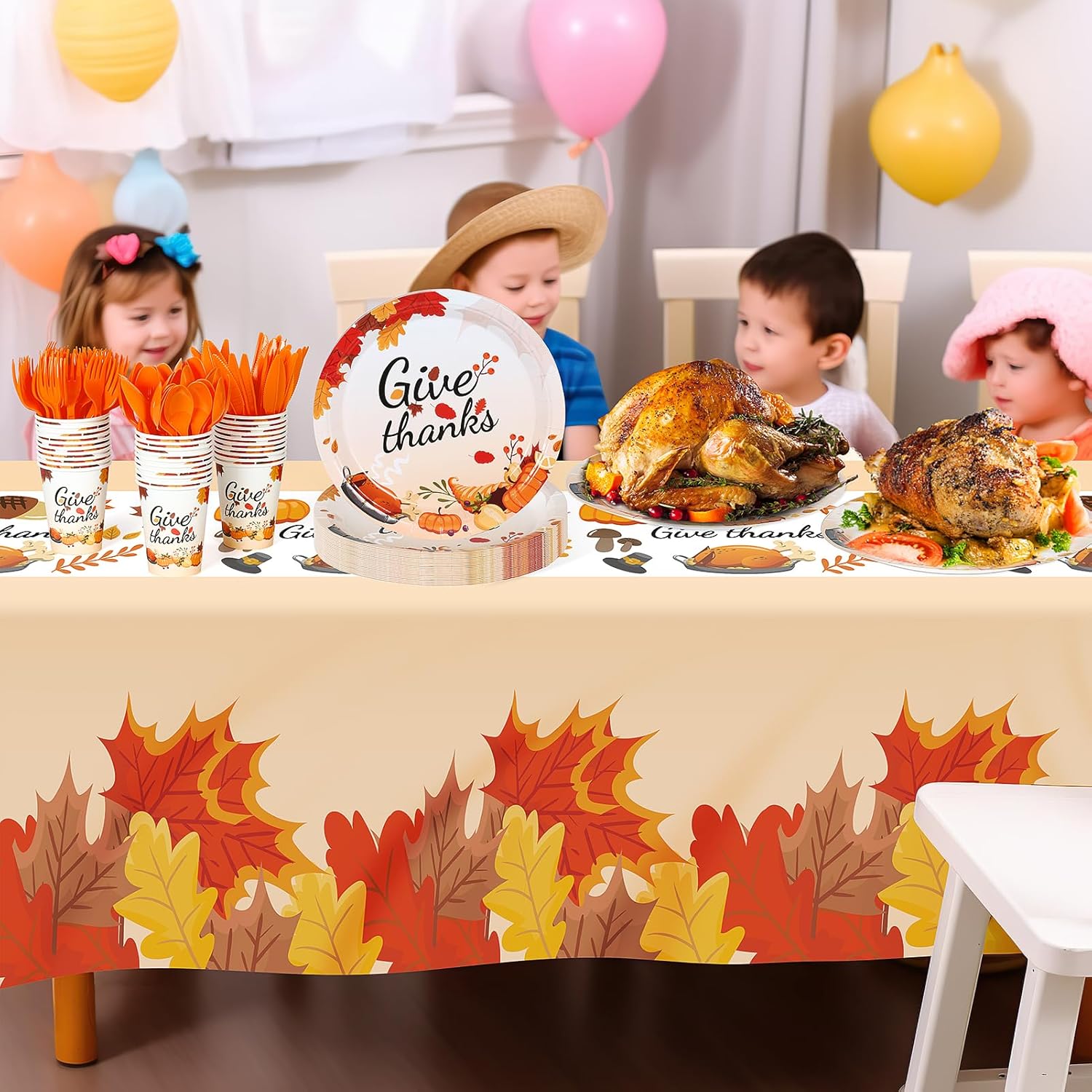 Childom 152Pcs Give Thanks Themed Party Set,Thanksgiving Decoration Dinnerware Sets,Thanksgiving Party Supplies,Maple Leaf Tablecloths Plates Cups,Disposable Tableware for Fall Dinner Picnic Supplies