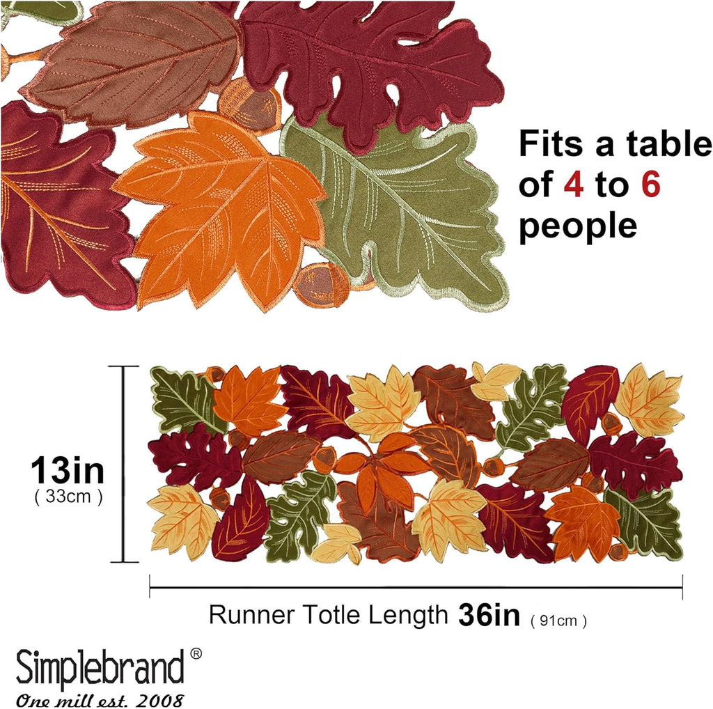 Simplebrand Harvest Fall Table Runner 36 Inches Long for Thanksgiving, Cutwork with Applique Embroidered Maple Leaves Dresser Scarf Table Topper for Home Dinner Holiday Festival Decorations, 13" x 36"