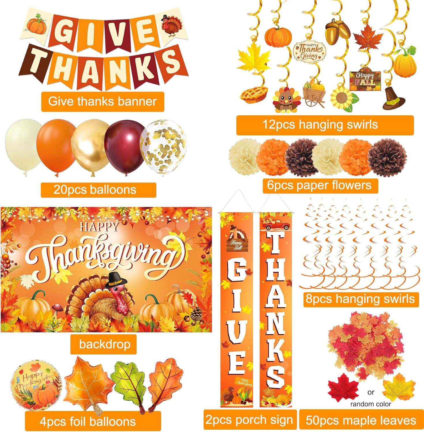 Thanksgiving Party Decorations Supplies, Thanksgiving Banner Backdrop Hanging Swirls for Autumn Holiday, Turkey Autumn Hanging Decoration, GIVE THANKS Hanging Banner Porch Sign, Maple Leaf Balloons