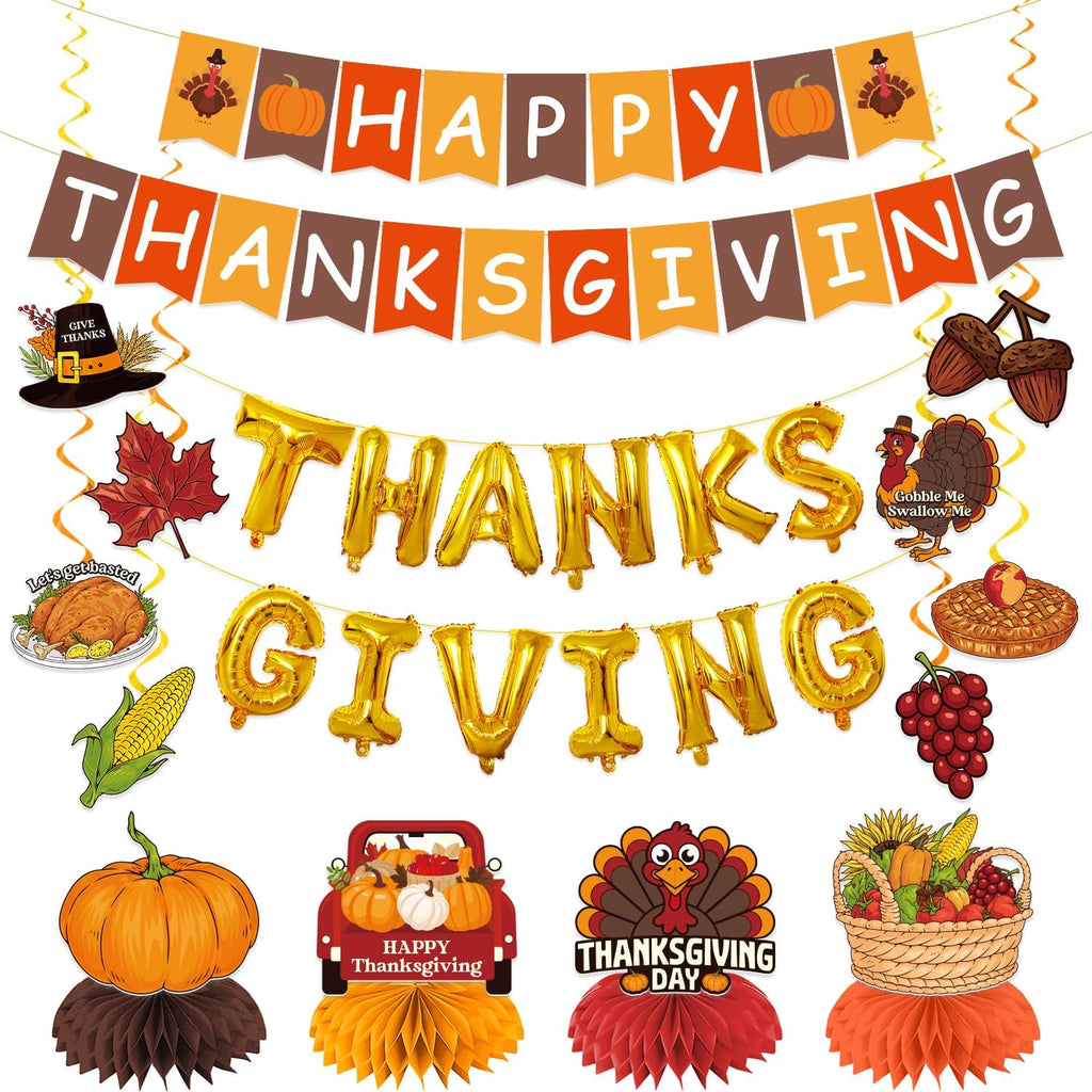 Thanksgiving Decorations, Thanksgiving Decorations Indoor Include NO-DIY Happy Thanks Giving Banner Hanging Swirls Centerpieces Balloons for Home Office Classroom School Party Decor
