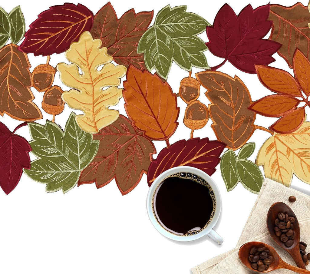 Simplebrand Harvest Fall Table Runner 36 Inches Long for Thanksgiving, Cutwork with Applique Embroidered Maple Leaves Dresser Scarf Table Topper for Home Dinner Holiday Festival Decorations, 13" x 36"