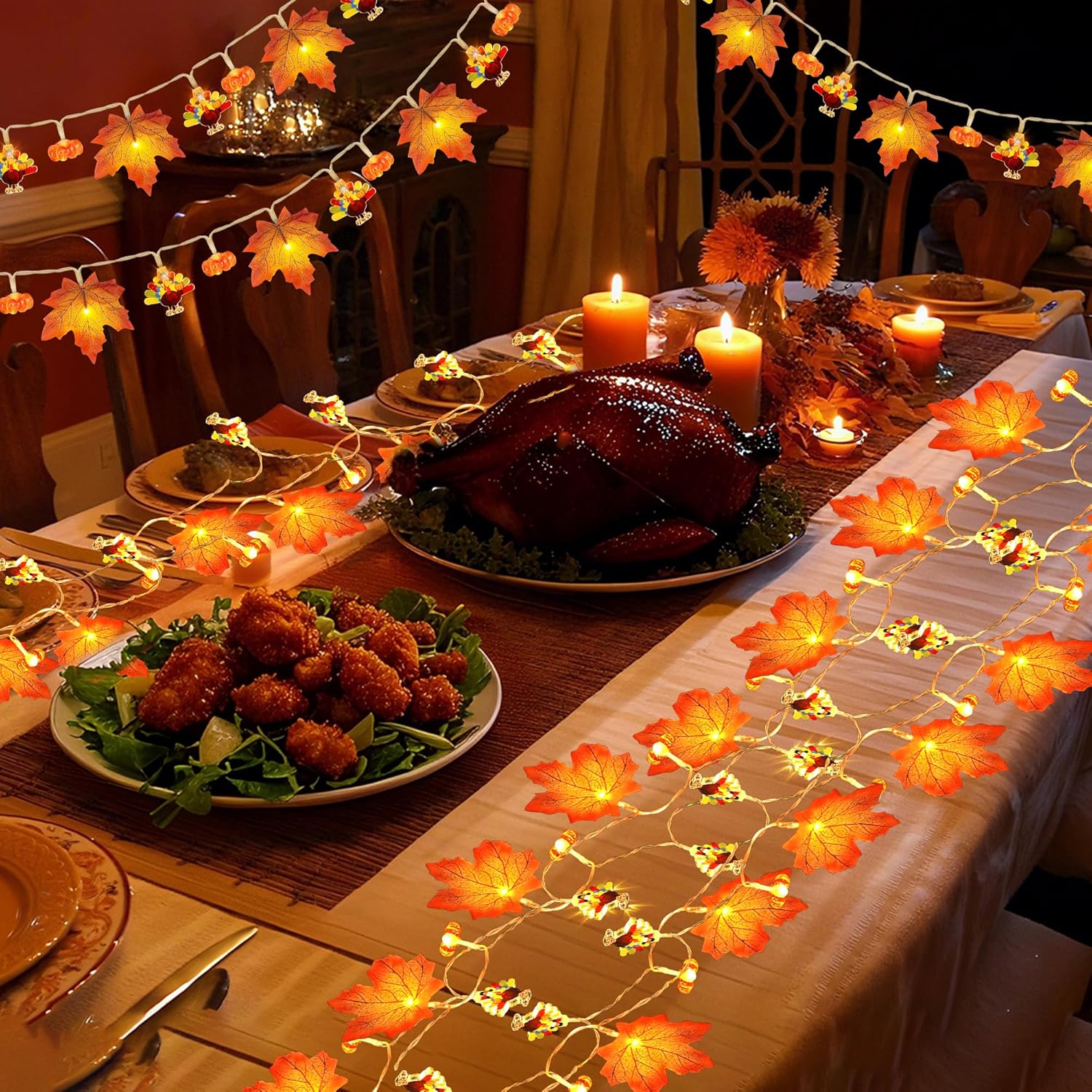 Mosoan [Timer] Fall Thanksgiving Turkey Lights Decorations, 10FT 30LED Large Turkey Pumpkin Maple Leaf String Lights, Battery Operated Fall Lights Decor Thanksgiving Decorations Indoor Home Party