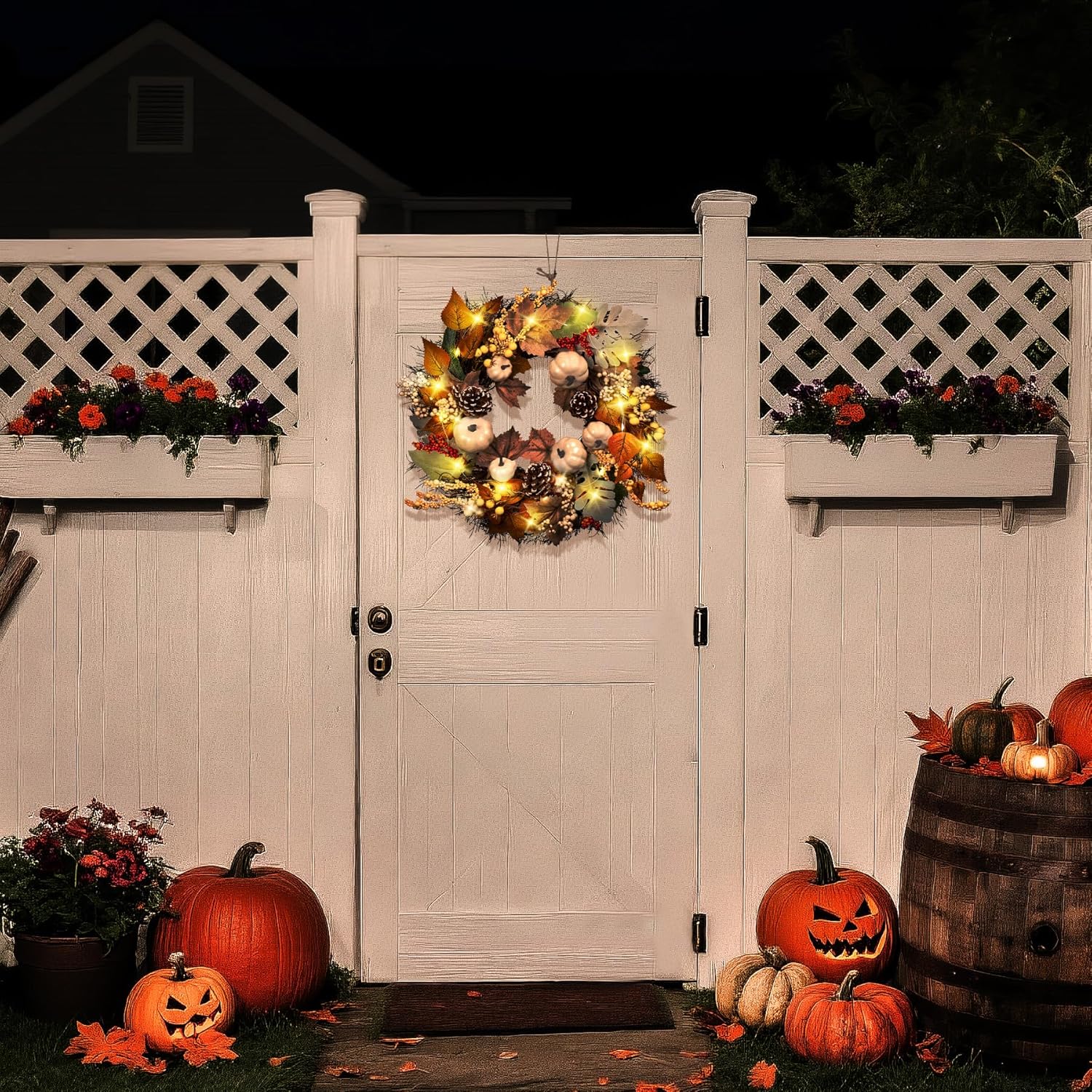 20 Inch Thanksgiving Fall Wreath for Front Door with Light Porch Window Autumn Wreaths with Pumpkin Berries All Season Indoor Outdoor Window Decor for Harvest Holiday Celebrations