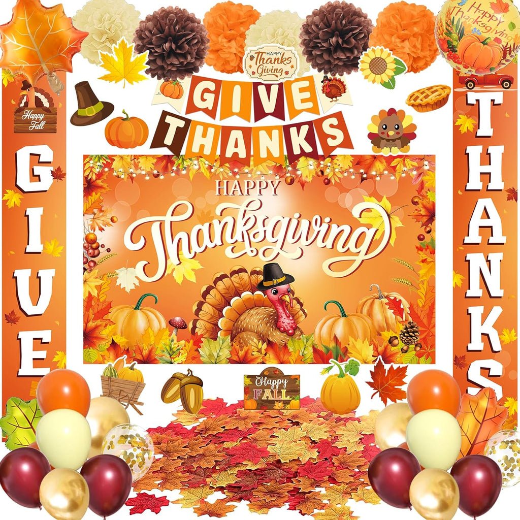 Thanksgiving Party Decorations Supplies, Thanksgiving Banner Backdrop Hanging Swirls for Autumn Holiday, Turkey Autumn Hanging Decoration, GIVE THANKS Hanging Banner Porch Sign, Maple Leaf Balloons