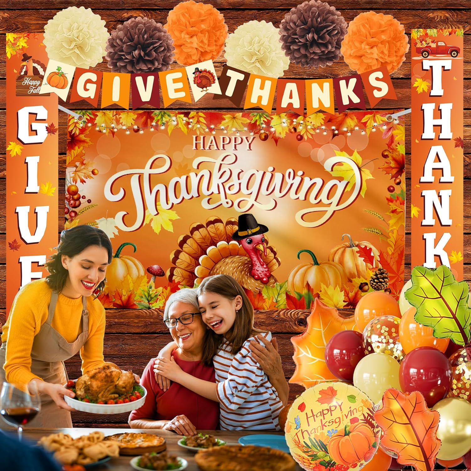 Thanksgiving Party Decorations Supplies, Thanksgiving Banner Backdrop Hanging Swirls for Autumn Holiday, Turkey Autumn Hanging Decoration, GIVE THANKS Hanging Banner Porch Sign, Maple Leaf Balloons